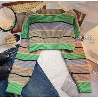 Áo len kẻ sọc dáng croptop phối màu tay dài hàng QC! (hàng sẵn)