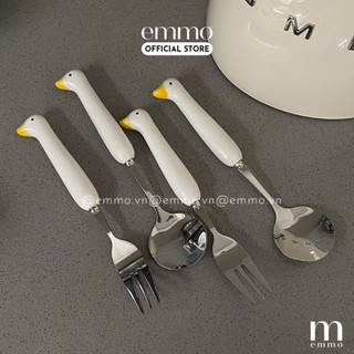 Bộ 3 món muỗng, đũa, nĩa inox cán sứ vịt hồng emmo sapoon