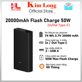 Pin sạc dự phòng Xiaomi 20000mah 50W (In/Out Type-C) MAX Flash Charge BHR5121GL - Hàng chính hãng
