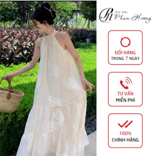 Maxi nữ cổ yếm dáng dài thêu hoa nhẹ nhàng, váy maxi đi biển Cúc thêu chất liệu tơ xước phong cách vintage Áo dài Hương