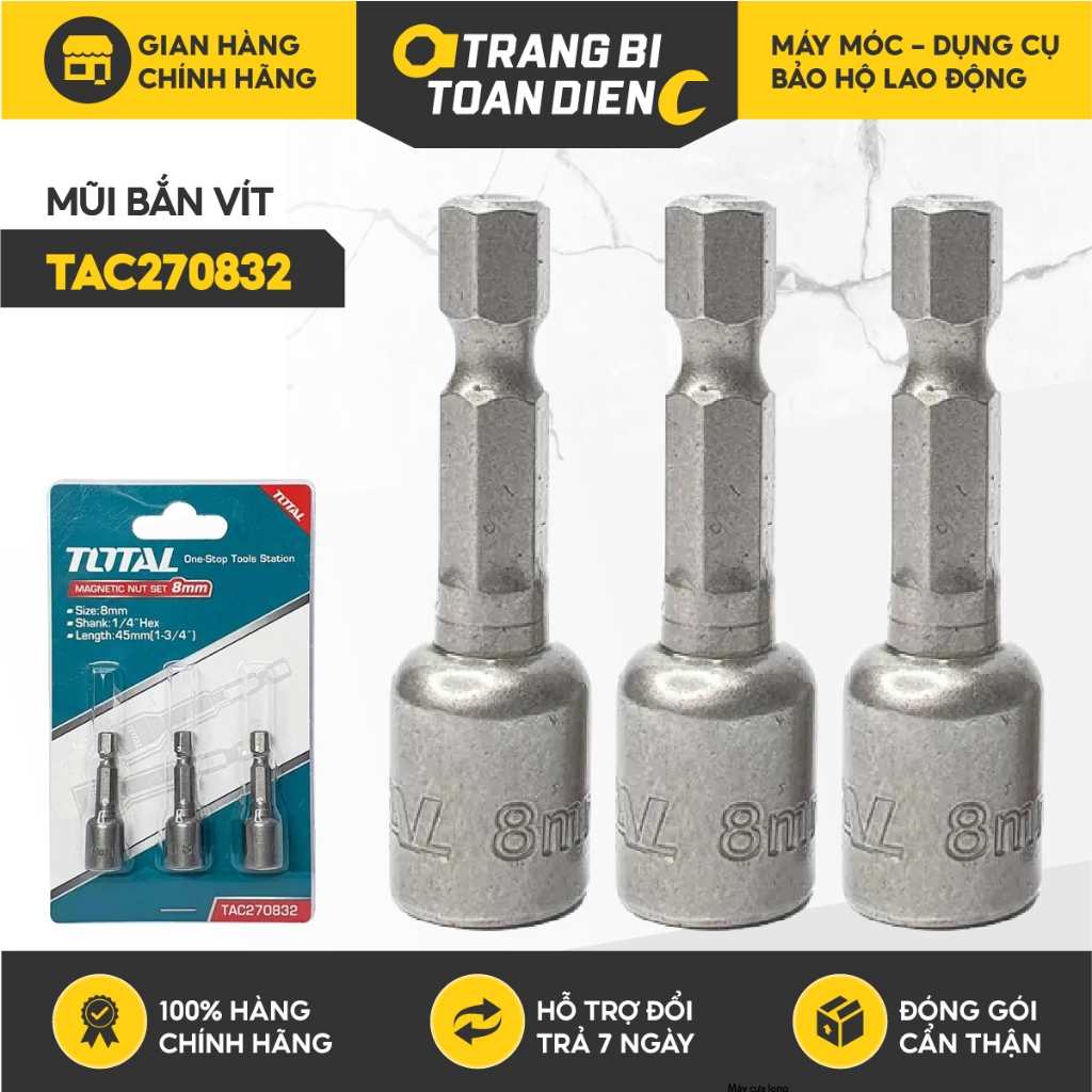 Bộ mũi bắn tôn Total 814mm, cán lục giác 1/4 inch, dài 65mm, chất liệu 50BV30, đầu bắn tôn có nam châm