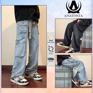 Quần jean nam nữ 8 túi hộp đai to Hiphop ống rộng xuông dài cargo pants Avocado