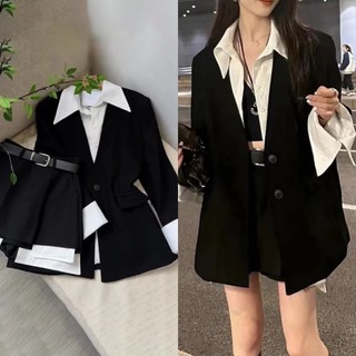 (Hàng Đẹp)Ảnh thật 4 hình cuối-HC361.Set đồ nữ Áo khoác vest blazer giả 2 mảnh + chân váy kèm đai thời trang  Hàn Quốc