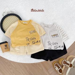 Set bộ cộc tay bé trai cổ tròn phối túi ngực kèm in chữ xinh xắn chất cotton mềm bé mặc đi học đi chơi Bebukids SB1891