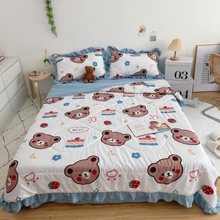 Bộ cotton đũi bèo 4 món chăn hè trần bông - set ga giường cotton đũi viền bèo 4 món