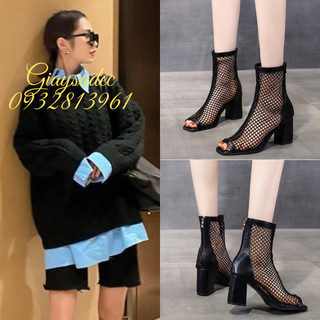 Giày boot lưới hở mũi đế 8cm màu đen gblhm2406b