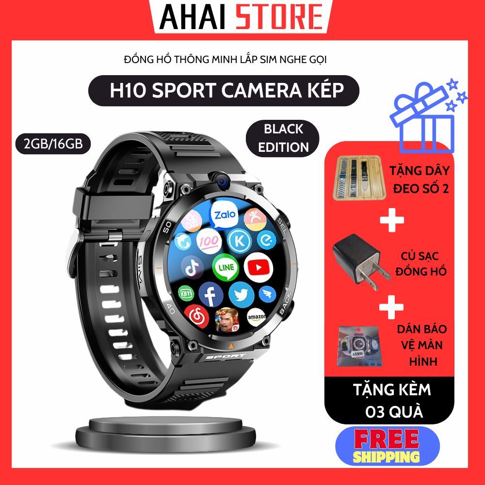 Đồng hồ H10 mặt tròn thể thao lắp sim nghe gọi camera kép tải ứng dụng lướt tik tok chiến game