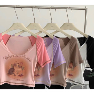 Áo thun croptop chú mèo ôm trọn v1 kiểu cổ vuông cộc tay
