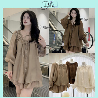 Set Áo Voan Lụa Tơ Cổ Nhún Thắt Nơ Dáng Babydoll + Chân Váy Dáng Xoè Bồng Có Quần Trong