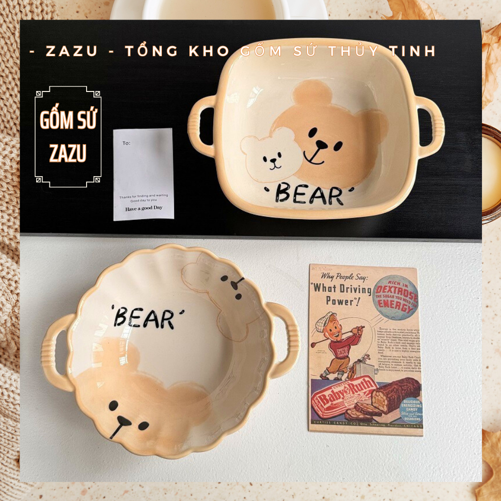 Bán lẻ Bộ Bát Đĩa Gấu Bear dễ thương 2024 Gốm sứ ZAZU, chén dĩa dễ thương, bát ăn cơm hình gấu Bear,