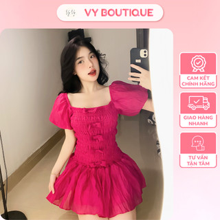 [HỎA TỐC] Đầm Nhún Đính Nơ Tay Phồng Cổ Vuông Kết Hợp Nhún Eo Có Lót Trong