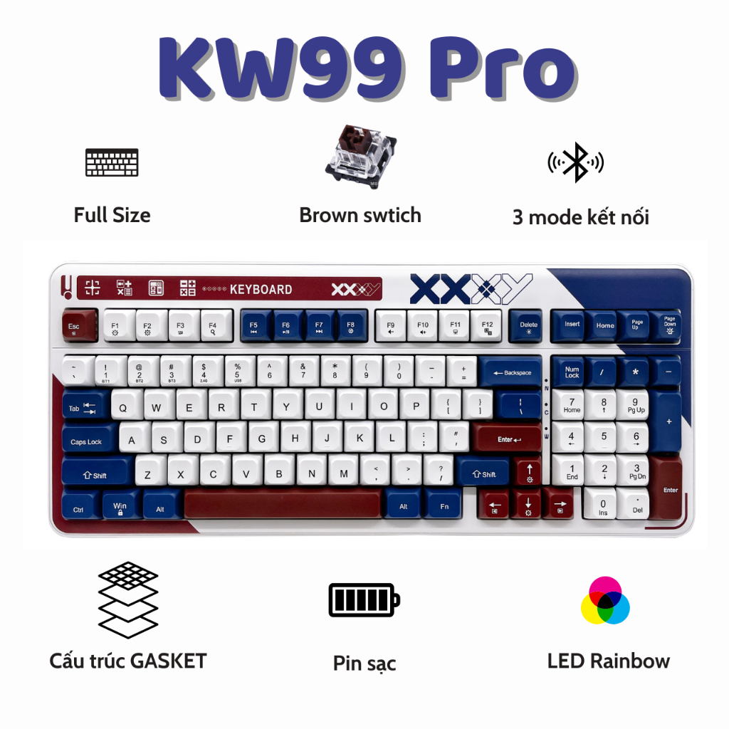 Bàn phím cơ không dây bluetooth ATAS KW99 Pro 3 Mode kết nối Pin sạc - Red swtich - Có Hot-swap - Led Rainbow | BigBuy360 - bigbuy360.vn