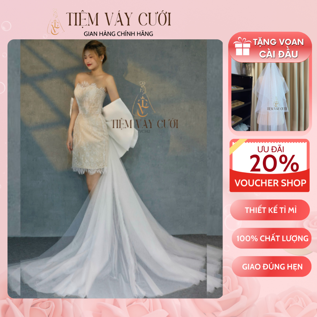 [Tặng Voan + Mút Ngực] Váy Cưới Đi Bàn, Đầm Cưới Ngắn, Cúp Ngực, Màu Nude, Nơ Rời, TVC342