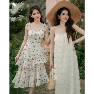 Đầm hai dây nữ Twentyfive dáng midi 3 tầng xòe cúp ngực họa tiết hoa nhí DL15