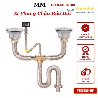 Xi phông chậu rửa bát 2 hố inox cao cấp kiểu chun uốn - bẻ cong, cho bồn rửa chén 2 hộc đôi
