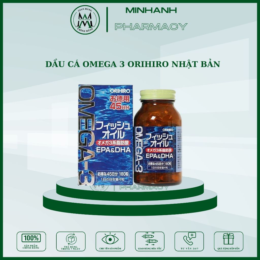 Dầu cá Omega 3 Orihiro Fish Oil tốt cho mắt, tim mạch và não hộp 180 viên Nhật Bản