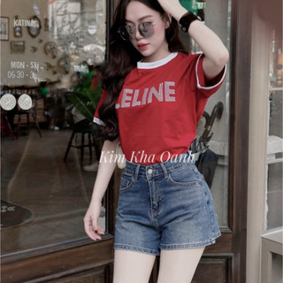 Áo Phông Nữ Đỏ Thêu C E-LI-LE Nổi Phối Viền Cổ Ngắn Tay Áo Thun Nữ Freesize -Aó Thun Nữ Thêu Chữ Ce-li-ne Form Baby Tee