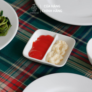 Đĩa chấm 2 ngăn trắng trơn đựng gia vị, tương cà, muối tiêu, xì dầu, nước mắm - Chén gia vị chia ngăn sứ Minh Châu