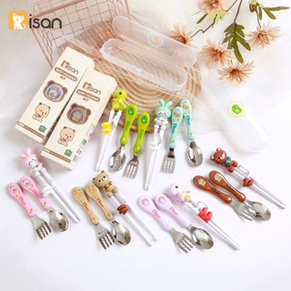 Combo bộ thìa dĩa, đũa cho bé tấp ăn Misan kèm hộp đựng, bộ thìa dĩa inox cho bé