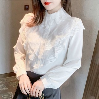 Áo sơ mi cổ ren xếp bèo ngực xuất Hàn