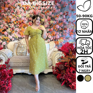 Dabigsize - Đầm Bigsize Nữ , Váy Maxi Hoa Nhún Ngực Chất Tơ Nhăn Hoa In Mềm Mịn Che Khuyết Điểm Cho Người Mập 50-90kg