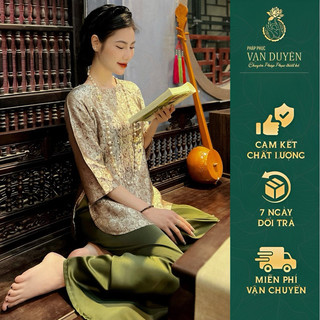 Pháp phục vạn duyên tơ tằm ngọc khuê cổ tết tay loe màu xanh rêu 1.42