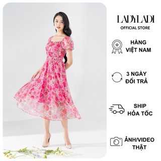 Váy hoa nhí dáng dài cổ vuông tay bồng họa tiết hoa hồng, 2 lớp, chất tơ bay nhẹ nhàng NDA03