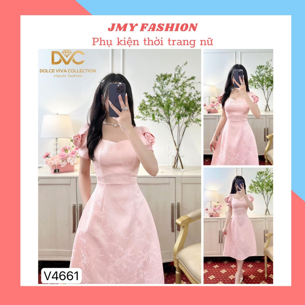 đầm hồng thiết kế tay phối hoa 3D nữ tính