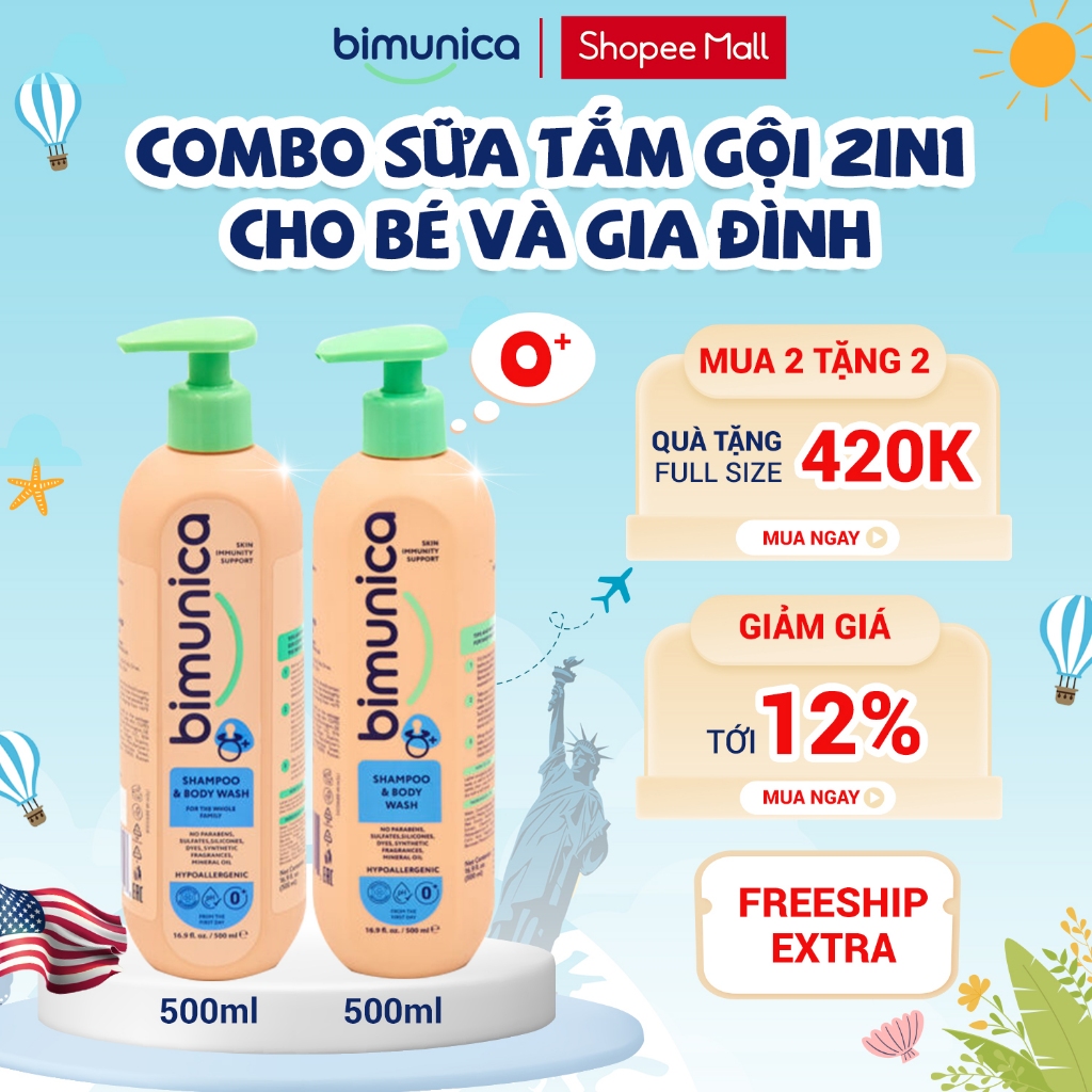 Combo Tắm Gội 2in1 Cho Bé Sơ Sinh Và Gia Đình Cao Cấp Bimunica 500ml + 500ml
