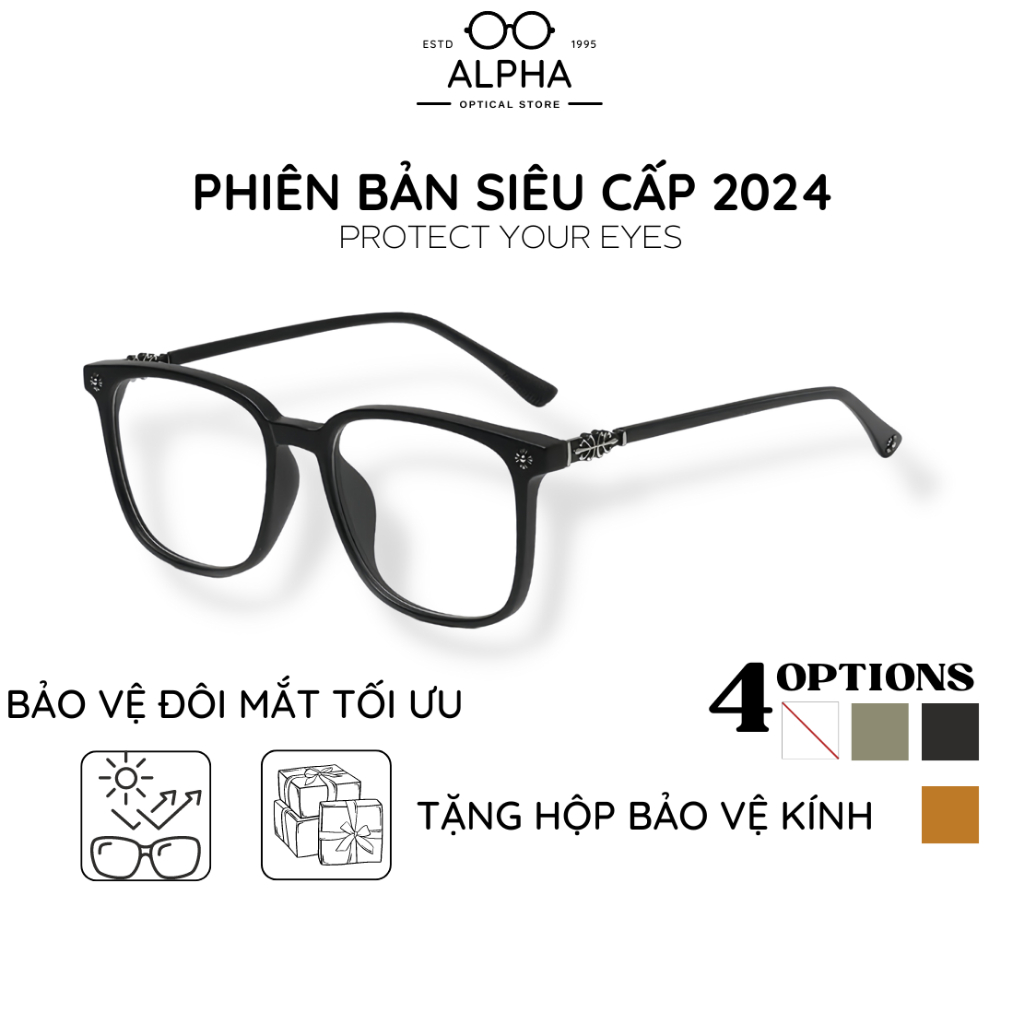 Gọng kính cận to tròn phong cách thời trang cao cấp dành cho nam nữ tròng chống ánh sáng xanh A2072