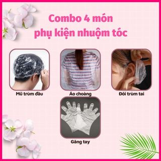 Combo 4 Món phụ kiện nhuộm tóc nylon (1 đôi trùm tai, áo choàng, mũ chụp tóc, 1 đôi gang tay)