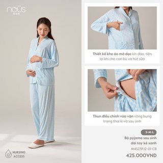 Nous mom  bộ quần áo pyjama sau sinh sét đồ bầu cho mẹ kẻ xanh cam chất liệu co giãn đa chiều, thoáng mát cho các mẹ bầu