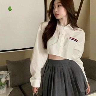 Áo Sơ mi croptop tay dài phối sọc cá tính Cổ Bẻ  (KO TÚI) BC