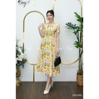 Đầm emy em7496 xoè hoa vàng