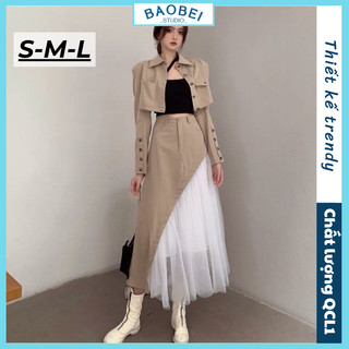 [ORDER+ẢNH THẬT] Set áo croptop dài tay + chân váy dài vạt lệch phối lưới cách điệu Ulzzang siêu chất ❤️