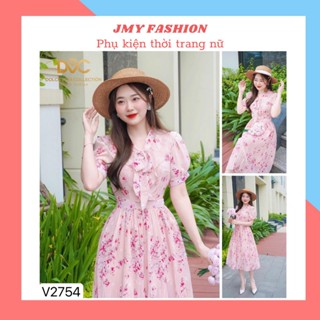  V2754 Váy voan hồng hoa nhí cổ nơ dáng dài dập ly công sở  Dolce Viva Colection  DVC   đầm hoa nhí hồng dáng xòe nữ tính 
