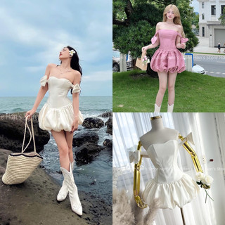 Đầm Cúp Ngực Bẹt Vai Đính Nơ Tùng Bí Đi Tiệc Lolita Dress (Hình Thật) Đầm Tiểu Thư Nữ Tính