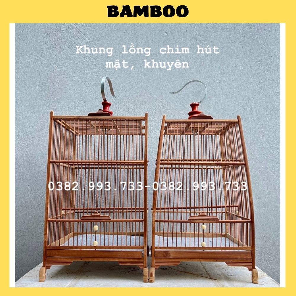 Khung lồng chim hút mật, khung lồng chim khuyên, ốc mít chất liệu trúc đỏ form vuông cửa báng súng