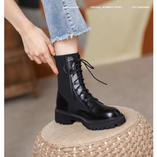 Bốt martin nữ cổ ngắn phối len da mềm đan dây đế cao 4cm