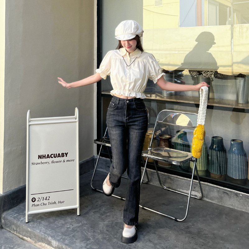 Quần Jeans co giãn xanh chàm loe nhẹ phong cách basic Hàn Quốc