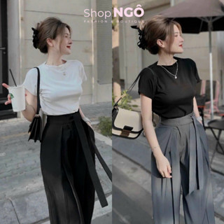 Set bộ đồ nữ, set áo thun cổ tròn tay ngắn phối quần ống rộng bảng to thắt dây lưng đi học, đi chơi shop ngô fashion