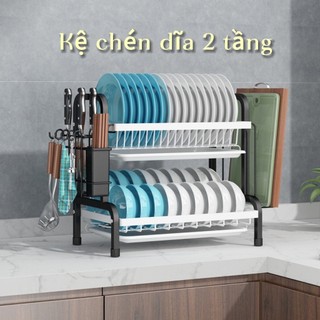 Kệ úp chén đĩa bằng sắt 2/3 tầng - kệ để bát đĩa, giá bát nhỏ có khay hứng nước, ống đũa, kệ chén đa năng