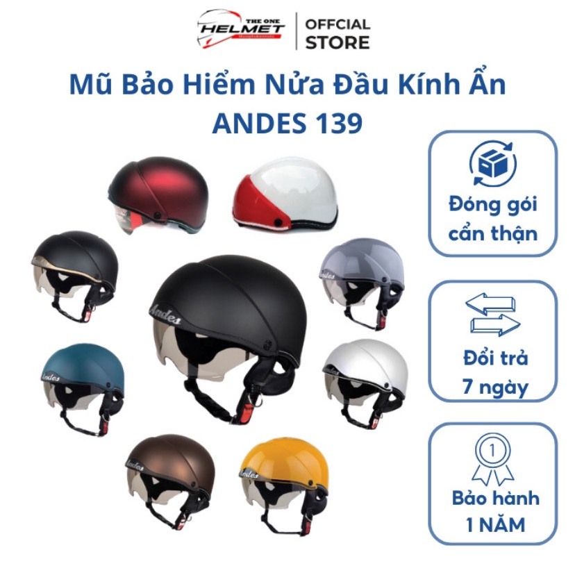 Mũ bảo hiểm nửa đầu 1/2 ANDES 139 hàng chính hãng kính dấu_lót tháo giặt