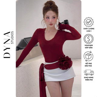 Set áo thun nhúng cổ tim dài tay BAGEO kèm chân váy da phối đai hoa cực chất