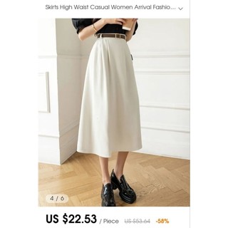 [HÀNG MỸ] Chân váy midi TAHARI form A basic xòe basic xếp ly công sở màu be kèm đai đen