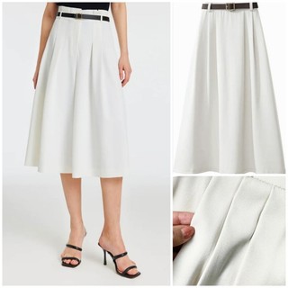 Chân váy midi TAHARI form A basic xòe basic xếp ly công sở màu be kèm đai đen