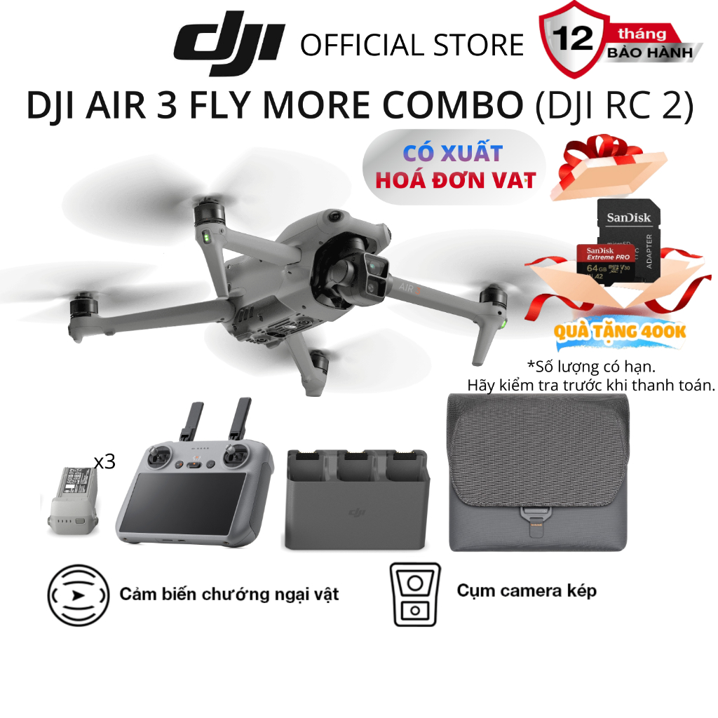 Flycam DJI Air 3 Fly More Combo kèm điều khiển có màn hình (DJI RC 2) camera kép quay video chất lượng 4K HDR | BigBuy360 - bigbuy360.vn