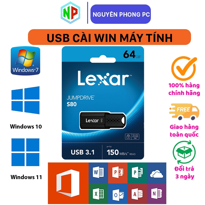 USB Cài, Win - USB Cứu Hộ PC, Laptop - USB Lexar 64GB JumpDrive S80 USB 3.1 - Hàng Chính Hãng