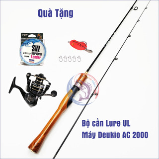 Bộ cần câu lure UL cán gỗ cao cấp tặng kèm máy câu Deukio AC, Mồi câu lure nhái hơi. Hoàng Nam Fishi