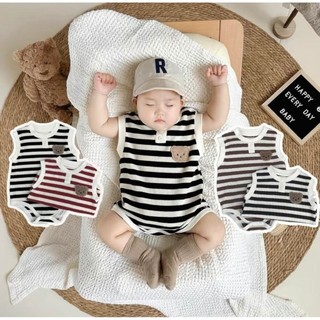 Bodysuit Body chip cộc tay (không kèm mũ, tất) vải tăm lạnh cho bé trai bé gái Áo liền quần Gấu Tăm lạnh kẻ ngang SLH211
